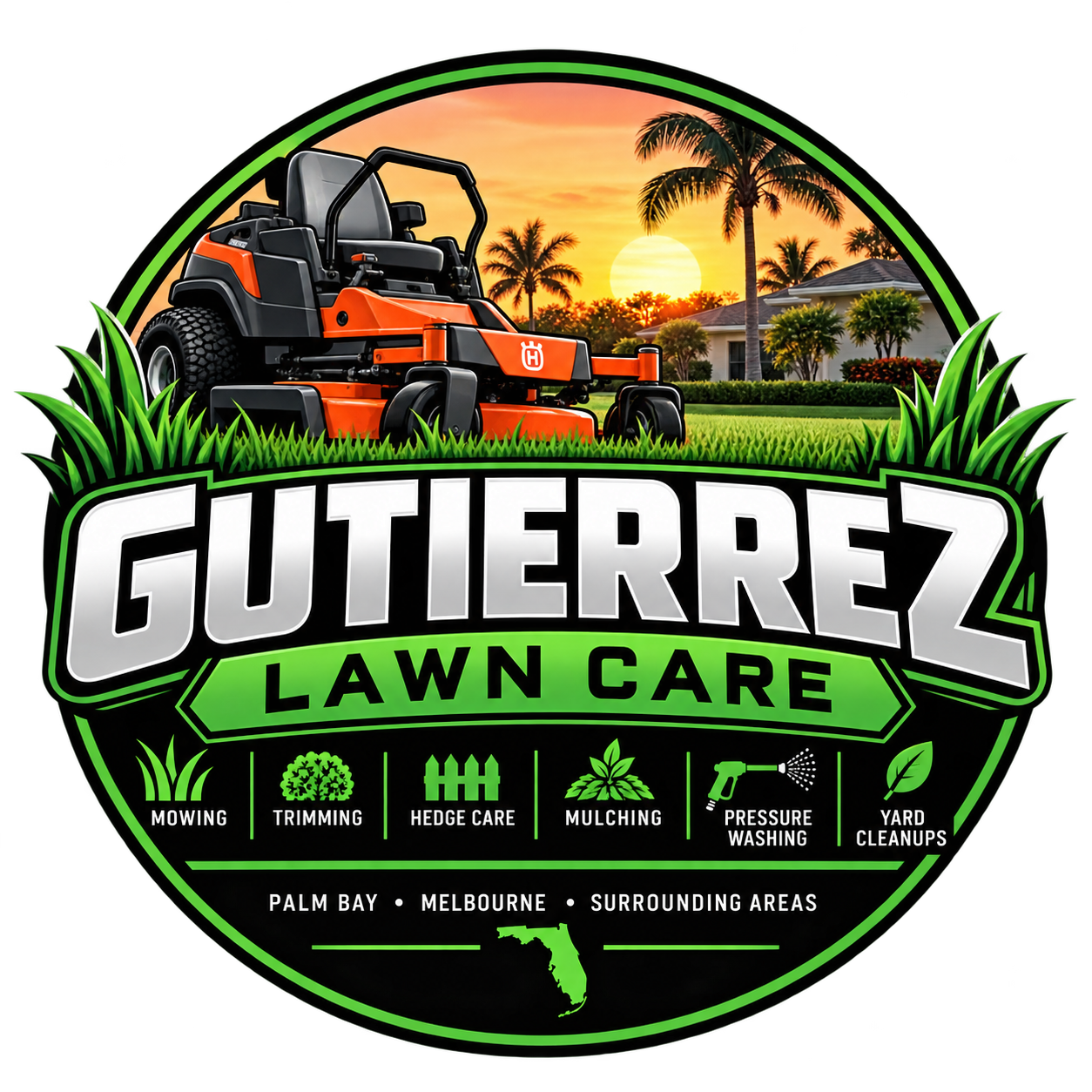 Gutierrez Lawn Care emblem featuring a mower and Florida landscaping